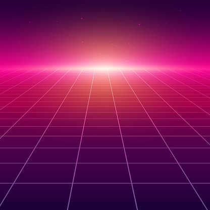 Abstract perspective grid. Retro futuristic neon line background, 80s design perspective distorted plane landscape composed of crossed neon lights and laser beams. Vector illustration