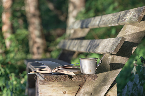 A book with a mug of tea on a wooden bench in the forest. The background is blurred.
