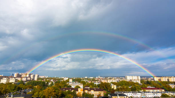 Double rainbow in the sky over the roofs of the resort city of Anapa, Russia Double rainbow in the sky over the roofs of the resort city of Anapa, Russia krasnodar krai stock pictures, royalty-free photos & images
