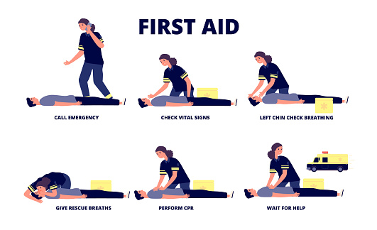 First aid reanimation. Cpr training, heart emergency revival. Ambulance and medical help procedures. Vector recovery breathing concept. Illustration emergency cpr, aid training, reanimation paramedic