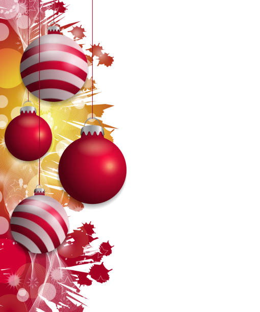 ilustrações de stock, clip art, desenhos animados e ícones de red and yellow christmas background with hung red baubles. decorative balls elements for holiday design. vector - n64