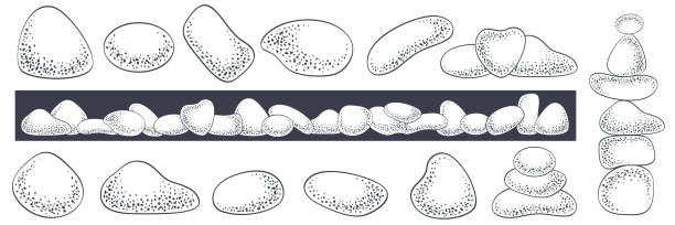 小石石の石のベクトルセット:海や川の小石、異なる形状、ピラミッド、白い背景に隔離。黒の輪郭とドットのテクスチャ、手描きのスケッチ。自然デザイン、海底、スパイラスト。 - balance variation nature stone点のイラスト素材／クリップアート素材／マンガ素材／アイコン素材