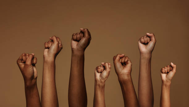 pięści podniesione na rzecz równości - hand raised arms raised multi ethnic group human hand zdjęcia i obrazy z banku zdjęć