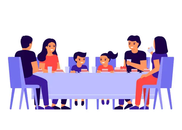 Vector illustration of Group of young people and children are sitting together at table, talking and eating. Happy friends celebrate holiday and eat cake. Men, women and kids taste food at home, in restaurant or cafe.Vector