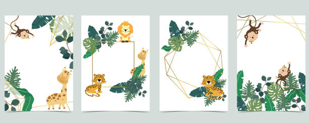 Green collection of safari background set with monkey,leopard,giraffe.Editable vector illustration for birthday invitation,postcard and sticker Green collection of safari background set with monkey,leopard,giraffe.Editable vector illustration for birthday invitation,postcard and sticker young animal stock illustrations