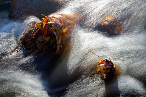 Close-up of the white water of a flowing stream, with long exposure time