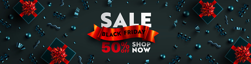 Black Friday Sale Poster for Retail,Shopping or Promotion with Red ribbon, black gift box and Christmas element on dark backgrounds.Black Friday banner template design.Vector illustration eps 10
