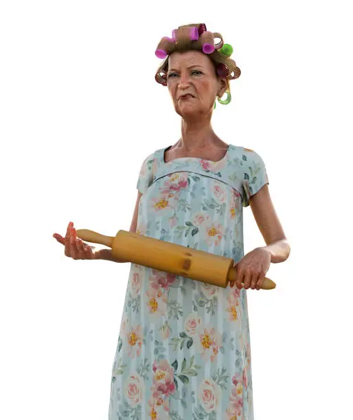 An angry senior woman, holding a rolling pin and threatening to hit someone with it, waiting for husband, 3d render.