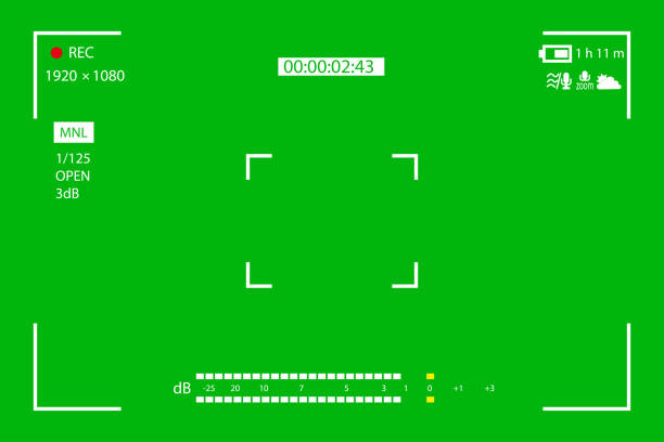 grüner bildschirm, chromakey hintergrund. leerer grüner hintergrund mit vfx-bewegungsverfolgungsmarkern. bildschirm moderner digitaler camcorder. chroma-tastatur für tastaturen, grafiken und videoeffekte - medium format camera stock-grafiken, -clipart, -cartoons und -symbole