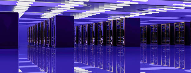 server room data center. backup, mining, hosting, mainframe, farm and computer rack with storage information. 3d render - network server rack computer mainframe imagens e fotografias de stock