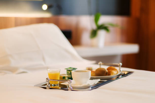 Breakfast tray in a hotel room