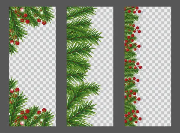 Vector illustration of Set Christmas and New Year vertical banner with garland or border of Christmas tree branches and holly berries. Holidays decoration. Vector