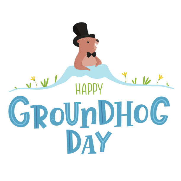 Poster for Groundhog Day, holiday decoration. Background with a marmot pictured on it crawling out of a hole in spring Poster for Groundhog Day, holiday decoration. Background with a marmot depicted on it crawling out of a hole in the spring, snow lies around but green grass and first flowers are already visible. Cartoon flat vector illustration. Lettering congratulation groundhog day stock illustrations