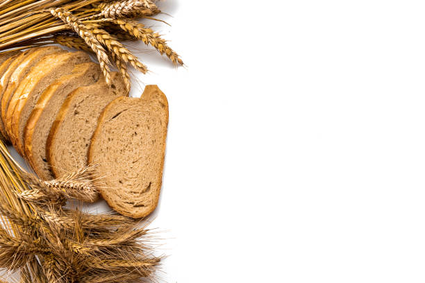 istock Whole wheat bread. Fresh loaf of rustic traditional bread with wheat grain ear or spike plant isolated on white background. Rye bakery with crusty loaves and crumbs. Homemade baking. 1284560251