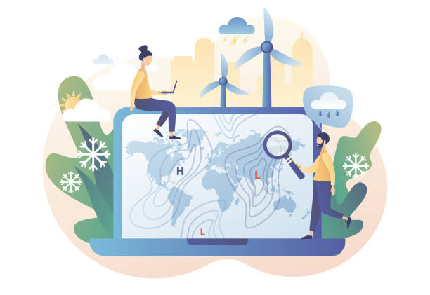 ilustrações de stock, clip art, desenhos animados e ícones de world meteorological day. meteorology science. tiny people meteorologist studying and researching weather and climate condition online on laptop. modern flat cartoon style. vector illustration - weather meteorologist meteorology symbol