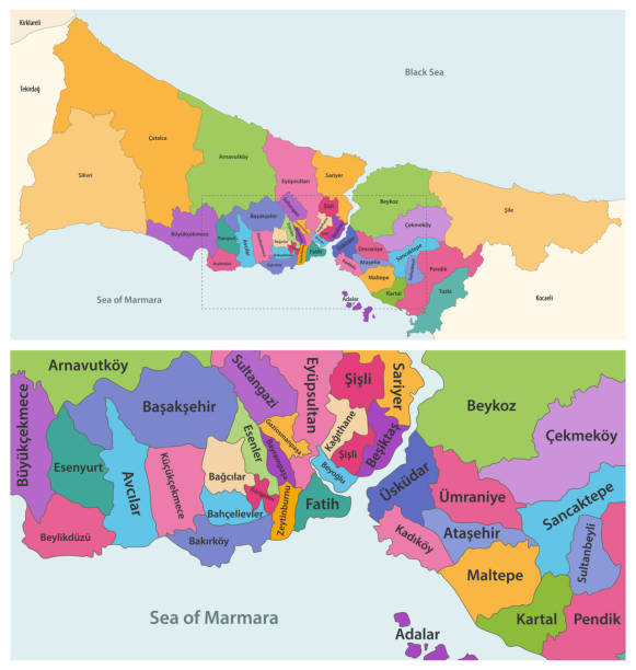 vektor aus nächster nähe detaillierte karte der bezirke der provinz istanbul - kadikoy district stock-grafiken, -clipart, -cartoons und -symbole