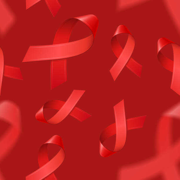 bezszwowy wzór z realistycznymi czerwonymi wstążkami na czerwonym tle na światowy dzień aids w grudniu. symbol świadomości hiv. szablon dla strony internetowej medycznej, baner, plakat, zaproszenie. ilustracja wektorowa. - world aids day stock illustrations