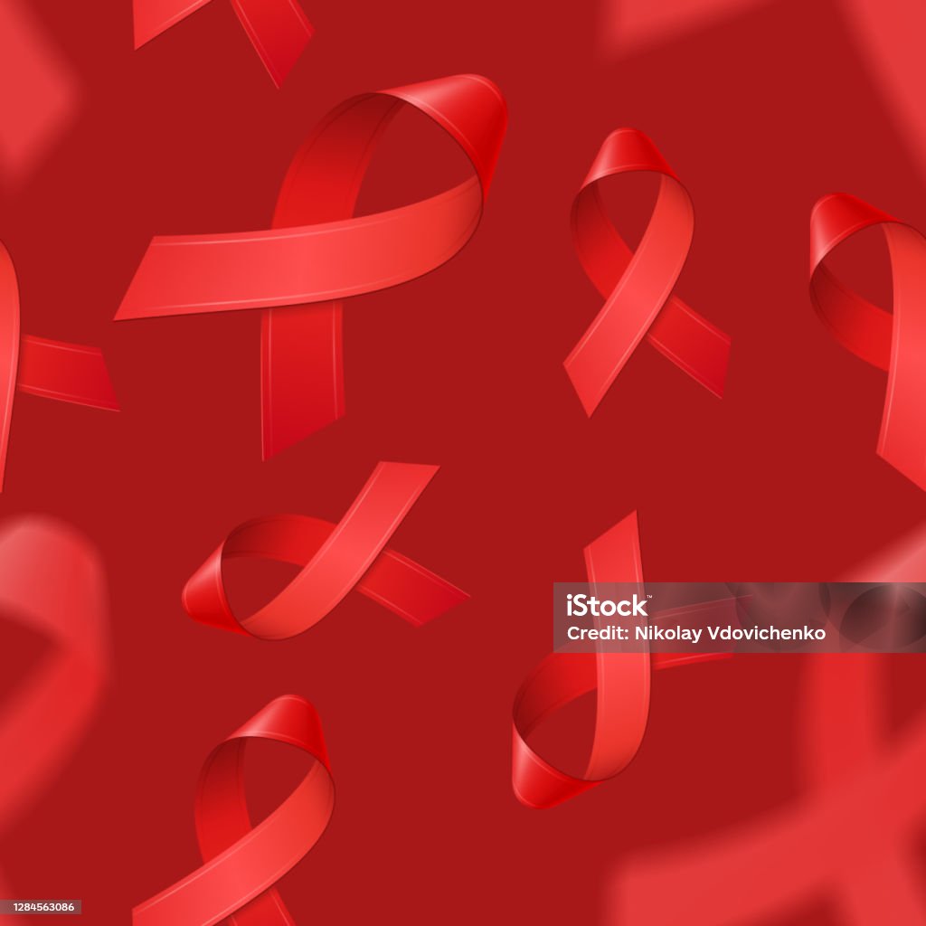 Бесшовный узор с реалистичными красными лентами на красном фоне всемирного дня борьбы со СПИДом в декабре. Символ осведомленности о ВИЧ. Ша - Векторная графика СПИД роялти-фри