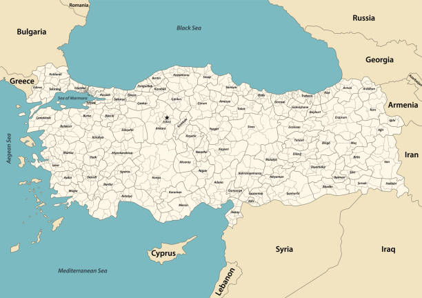 illustrazioni stock, clip art, cartoni animati e icone di tendenza di turchia distrcts colorati da province con paesi e territori vicini mappa vettoriale - adiyaman