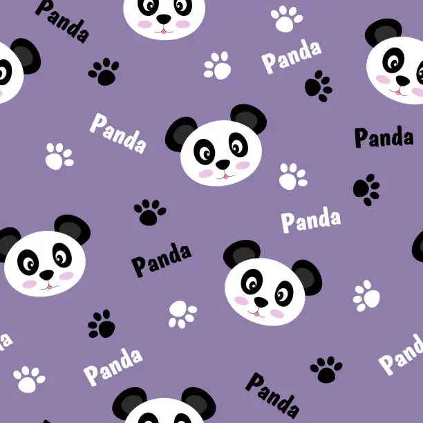 Vector illustration of Seamless pattern with animals. Cute black and white pandas, footprints. Vector flat design