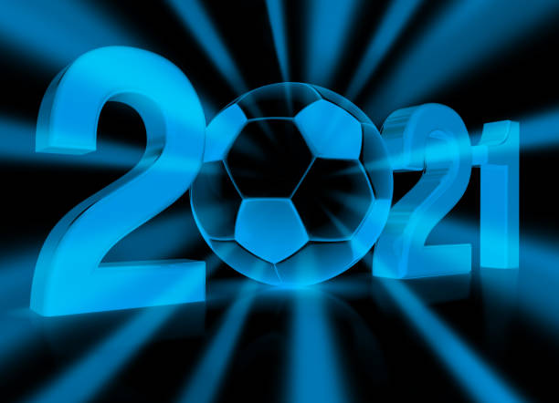 2021 text with soccer ball - new years party time imagens e fotografias de stock