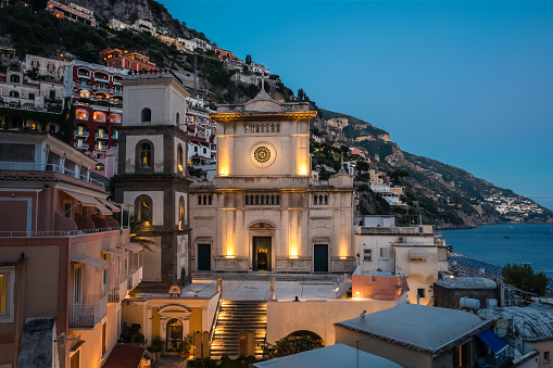 Positano Church Chiesa Santa Maria Assunta in the Evening at Dusk with the Cityscape of the Old Town