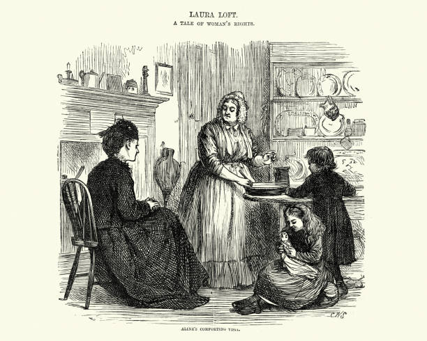 Grandmother baking in kitchen with grandchildren, Victorian, 1870s Vintage illustration of Scene from the story Laura Loft; a tale of woman's rights, 19th Century.  Aline's comforting visit middle aged woman cooking stock illustrations