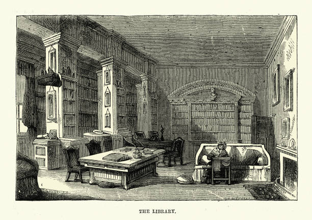 Library at Edgeworthstown House, Ireland, 1870s Vintage illustration of the Library at Edgeworthstown House, Ireland, 1870s the past illustrations stock illustrations
