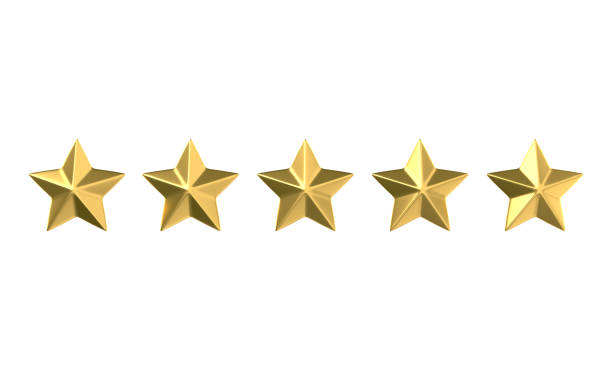 istock Five golden rating stars isolated on white background. Three-dimensional rendering best rating. 3d illustration 3D render 1284566254