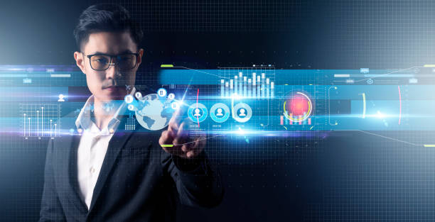 Finance business investment strategy competition, business man in suit, data analytic artificial intelligence technology finger point futuristic graph chart stock exchange data finance symbol screen financiación de la estrategia de inversión empresarial competencia, hombre de negocios en traje, tecnología de inteligencia artificial analítica datos dedo punto gráfico futurista gráfico bolsa de datos de la pantalla de símbolos de financiación de