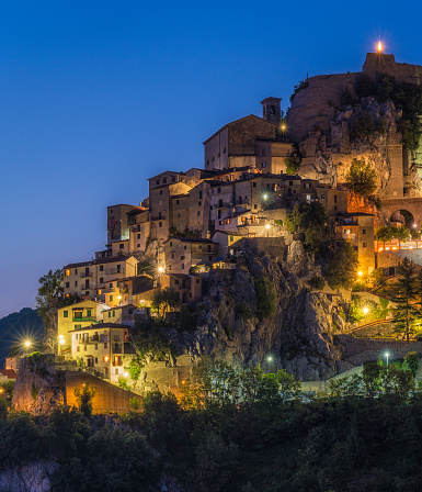 Cervara di Roma illuminated at night, beautiful village in Rome Province, Lazio, Italy.