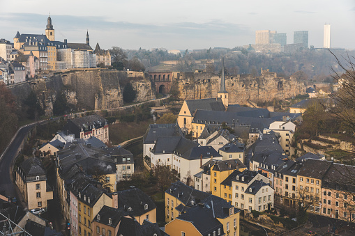 Panoramic view of Luxembourg city on a cloudy winter day