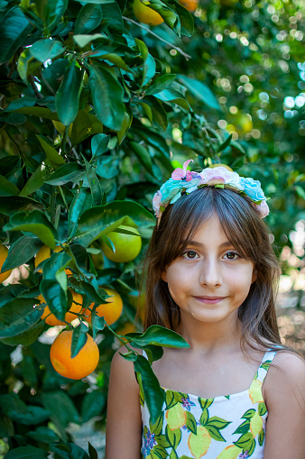 Cute girl posing to orange tree with harvest ready oranges