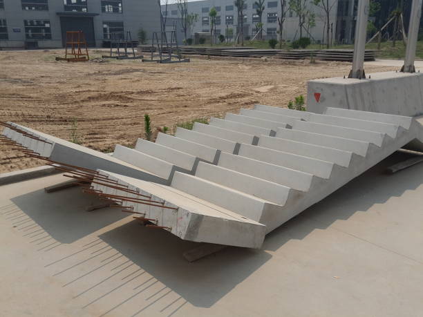Picture of prefabricated stairs with connection reinforcement and landings Picture of prefabricated stairs with connection reinforcement and landings ready to be installed concrete in formwork stock pictures, royalty-free photos & images