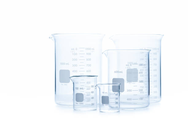 Mix size of measuring beakers for science experiment in laboratory isolated on white background, Scientific equipment and education concept