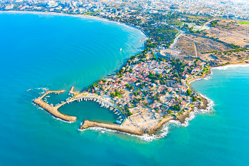 Aerial view of ancient Side town, Antalya Province, Turkey. High quality photo
