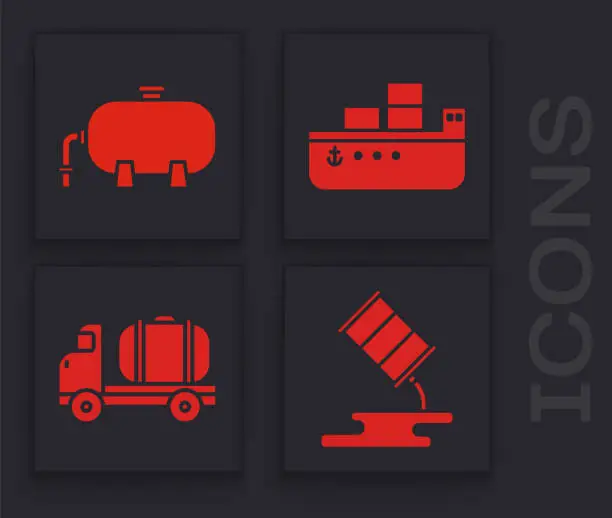 Vector illustration of Set Barrel oil leak, Oil industrial factory building, Oil tanker ship and Tanker truck icon. Vector