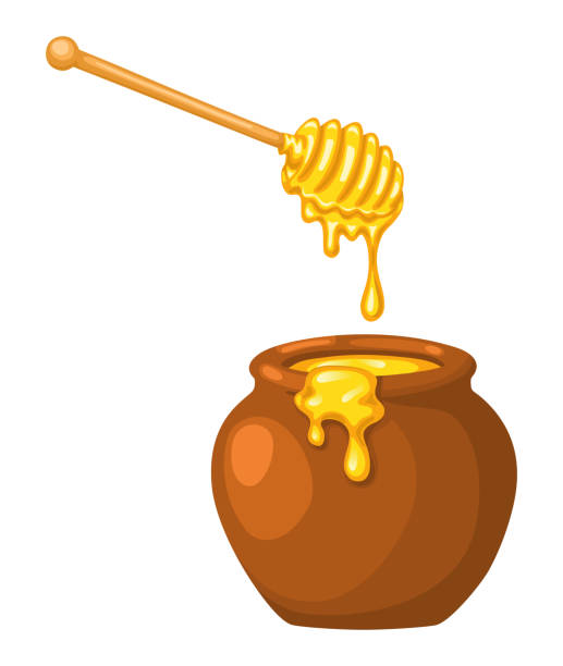 illustrazioni stock, clip art, cartoni animati e icone di tendenza di vaso animato di miele con cenatore - honey dipper
