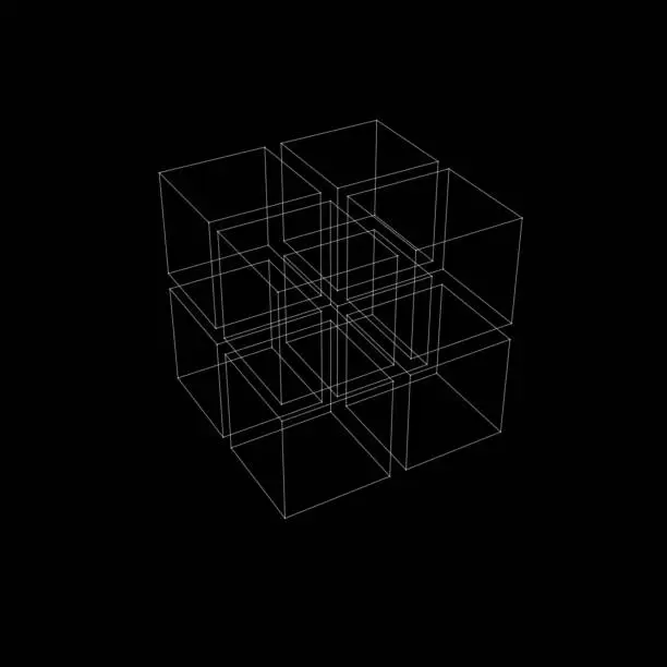 Vector illustration of Fine wireframe of 3x3x3 = 27 large cubes. With perspective.