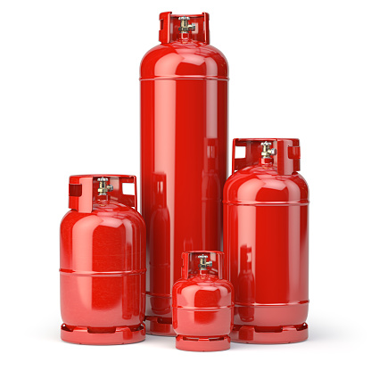 Different types of red gas bottles isolated on white background. 3d illustration
