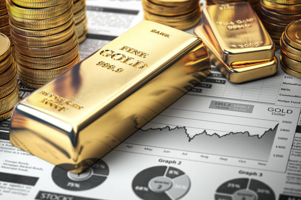 골드 바, 고서와 금융 보고서에 동전. 주식 시장 개념에 금의 성장. - gold ingot coin bullion 뉴스 사진 이미지