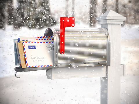 Santa Claus mailbox full of children letters. Christmas and new year winter concept background. 3d illustration