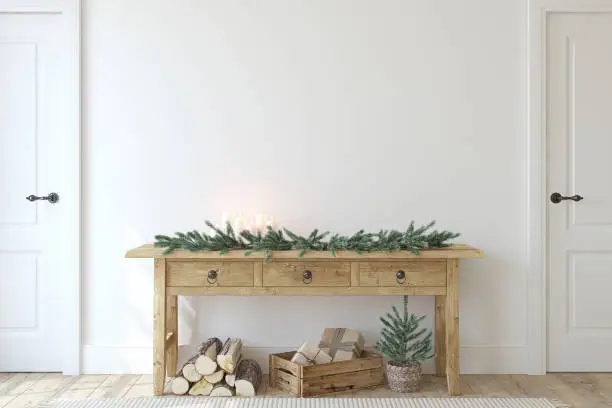 Christmas farmhouse entryway. Wooden console table near white  wall. Interior mockup. 3d render.