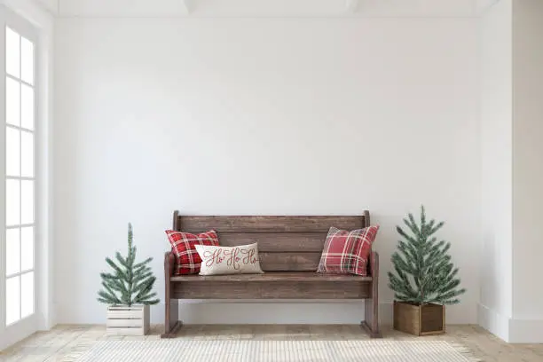 Christmas farmhouse entryway. Wooden bench near white wall. Interior mockup. 3d render.