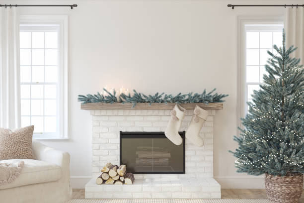 Christmas Interior with fireplace. 3d render. Christmas Interior with fireplace. Farmhouse style. Interior mockup. 3d render. fireplace stock pictures, royalty-free photos & images