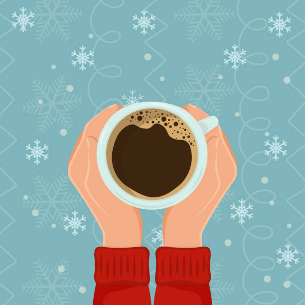 ilustrações de stock, clip art, desenhos animados e ícones de female hands hold hot cup of coffee on snow background.winter cozy concept with cocoa or tea or coffee in big mug. vector illustration - espresso women cup drink