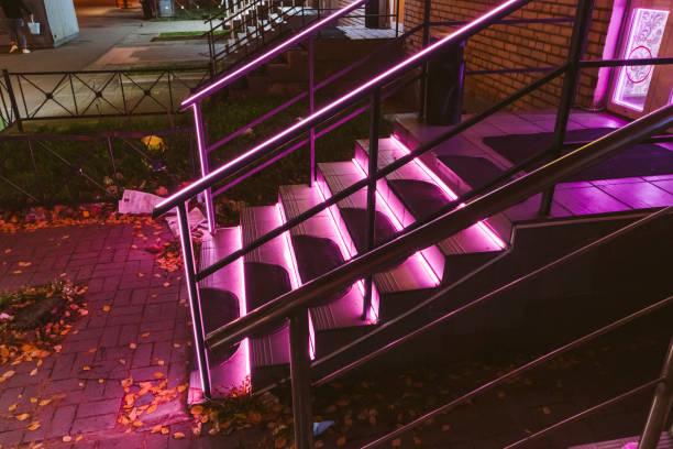 pink neon light staircase geometry line glow building city style