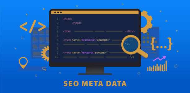 SEO Meta Data, HTTP Website Header Tag Optimization. Search engine optimization title tags and meta description elements. Horizontal vector banner illustration for header with hypertext code window SEO Meta Data, HTTP Website Header Tag Optimization. Search engine optimization title tags and meta description elements. Horizontal vector banner illustration for header with hypertext code window. hypertext stock illustrations