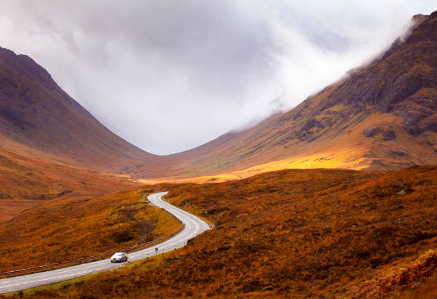 Scottish highlands road Winding road through the Scottish highlands in autumn scottish highlands stock pictures, royalty-free photos & images