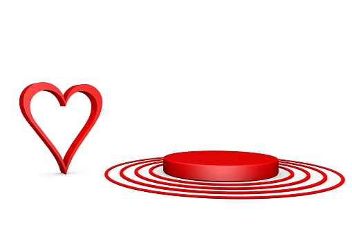 3D red product stand and red heart, white background, valentines day concept